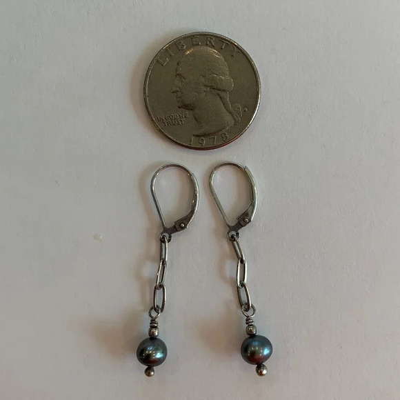 Handmade One-of-a-Kind Blue Grey Freshwater Pearl Sterling Silver Drop Earrings - Picture 2 of 4